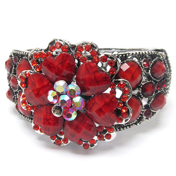 Multi crystal and resin flower deco open bangle vintage bracelet