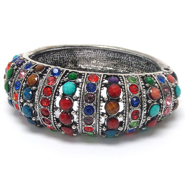 Multi crystal and resin stone deco open bangle  vintage  bracelet