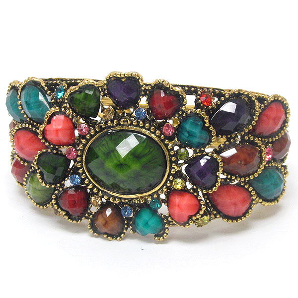 Multi crystal and resin flower deco open bangle vintage bracelet