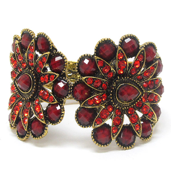 Multi crystal and resin double flower deco open bangle vintage bracelet