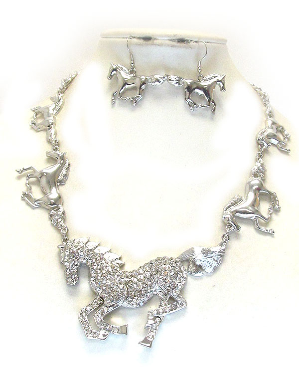 Crystal deco multi horse necklace earring set