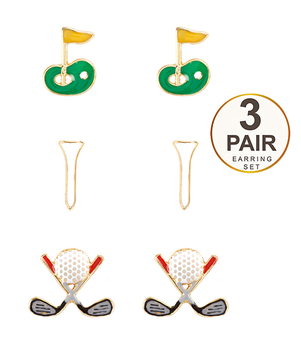 Sport theme 3 pair earring set - golf