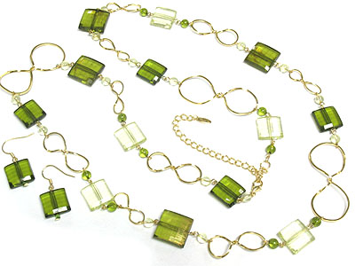 Square acrylic patina bead and infinity metal symbol necklace set