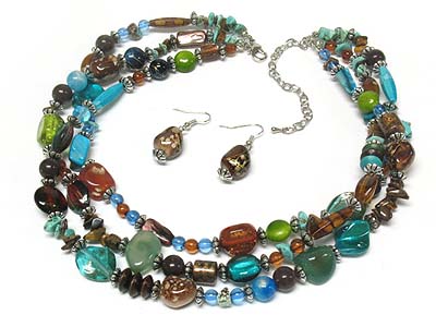 3 row multi bead necklace and earring set 