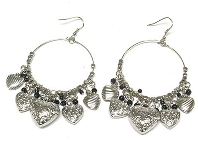 Casting metal heart charm round hoop earring - hoops