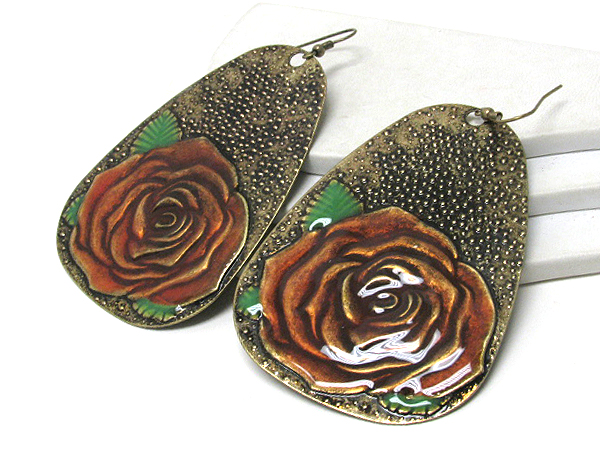 Large painted rose metal earring