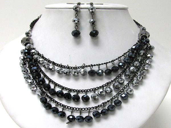 Multi glass bead drop three layered chain necklace earring set