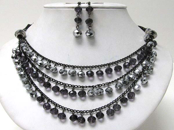 Multi glass bead drop three layered chain necklace earring set