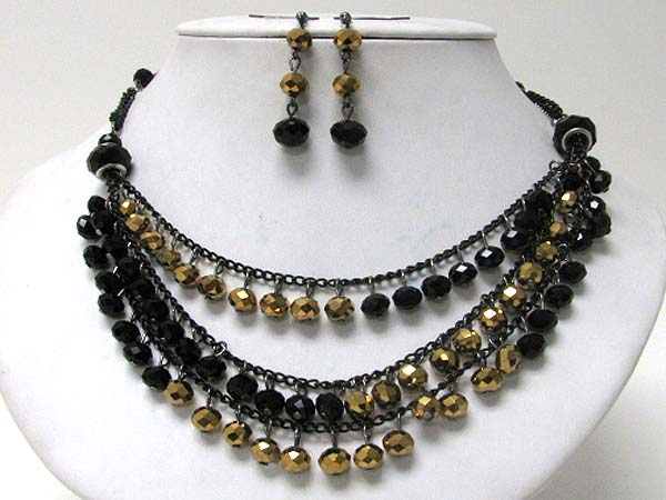 Multi glass bead drop three layered chain necklace earring set