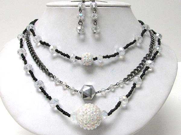 Crystal stud ball and chip stone link three layered necklace earring set