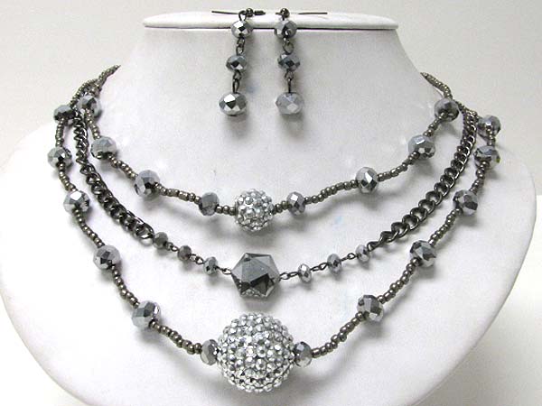 Crystal stud ball and chip stone link three layered necklace earring set