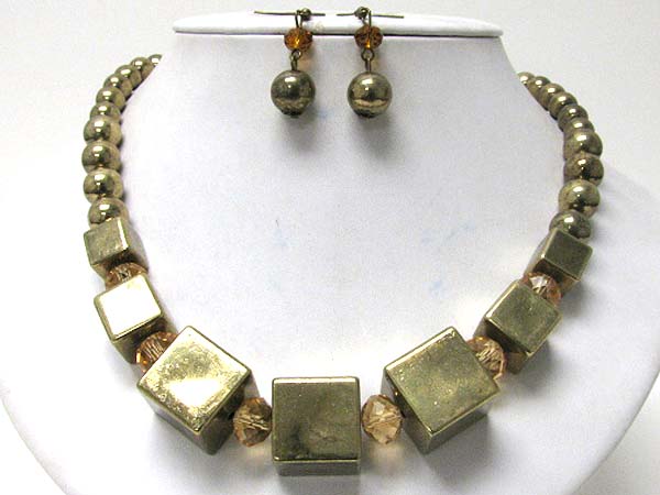 Multi metal cube and ball link necklace earring set