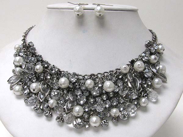 Multi crystal and pearl deco bib necklace earring set