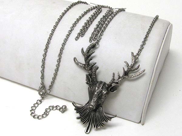 Deer head and antler pendant necklace earring set