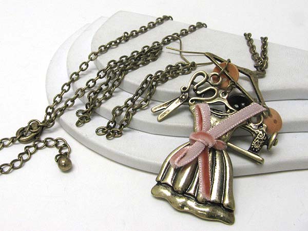 Sewing theme charm pendant long necklace earring set