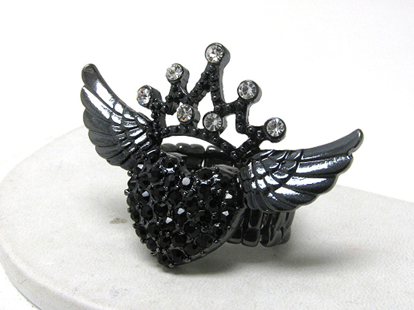 Crystal deco heart crown and angel wing stretch ring