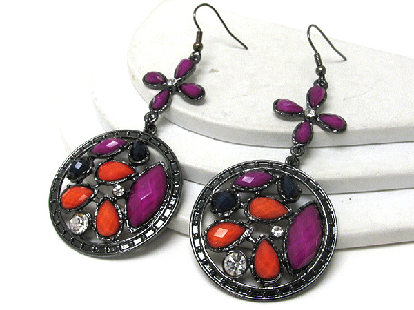 Retro vintage crystal and acrylic stone deco disk drop earrings