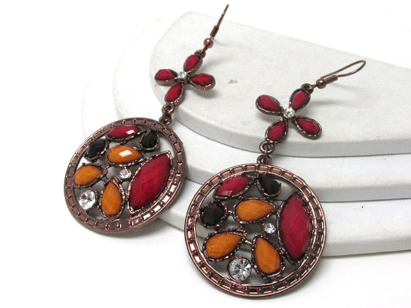 Retro vintage crystal and acrylic stone deco disk drop earrings