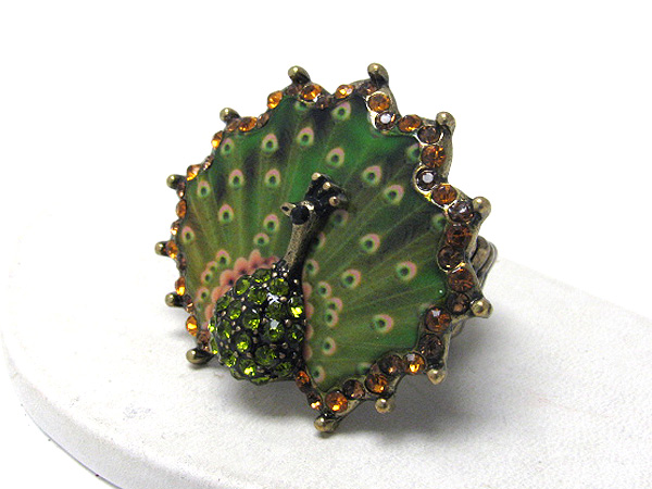 Retro vintage crystal and epoxy deco peacock stretch ring