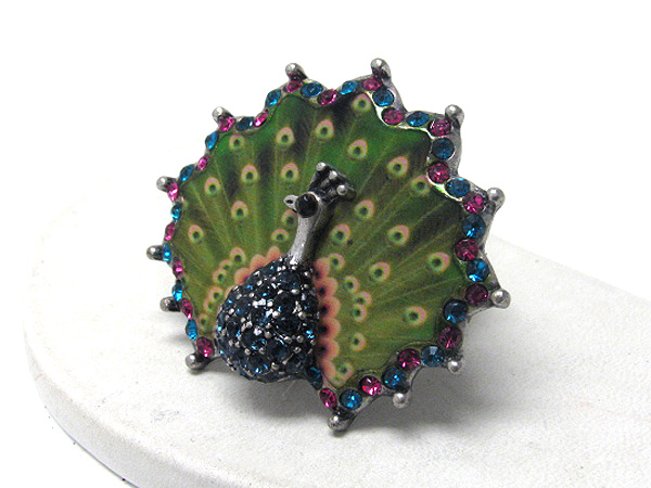 Retro vintage crystal and epoxy deco peacock stretch ring