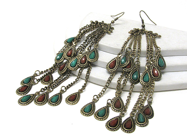 Retro vintage multi acrylic stone and chain drop earrings