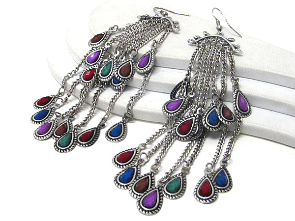 Retro vintage multi acrylic stone and chain drop earrings