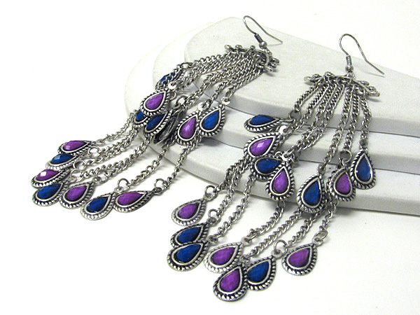 Retro vintage multi acrylic stone and chain drop earrings