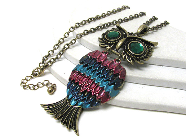 Retro vintage crystal eye and paint body large owl necklace