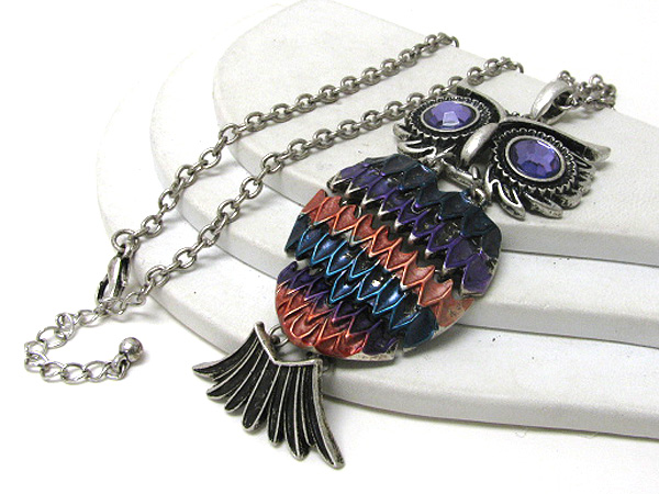 Retro vintage crystal eye and paint body large owl necklace