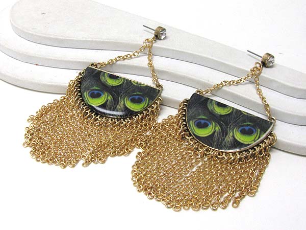 Retro vintage peacock paint half disk and multi chain drop earrings