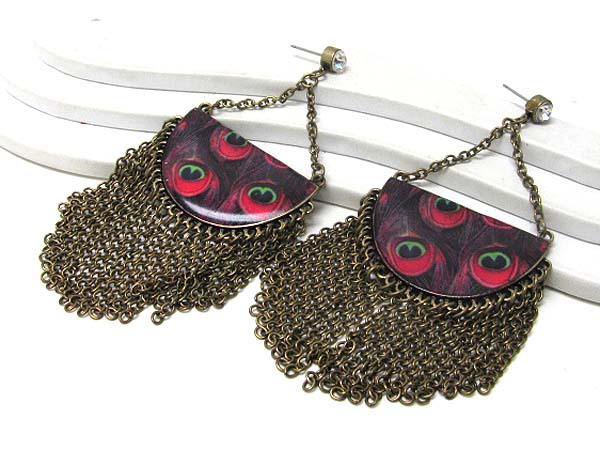 Retro vintage peacock paint half disk and multi chain drop earrings