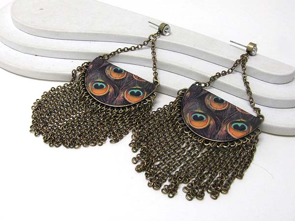 Retro vintage peacock paint half disk and multi chain drop earrings