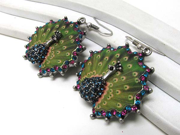 Retro vintage crystal and epoxy deco peacock earrings