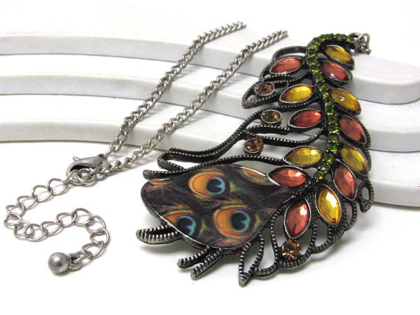 Retro vintage multi crystal and peacock paint deco metal filigree necklace