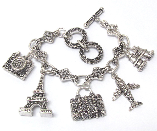 Travel theme metal casting charm bracelet