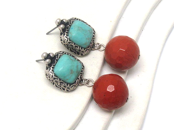 Turquoise square stone with textured metal drop acrly hammered ball earring 