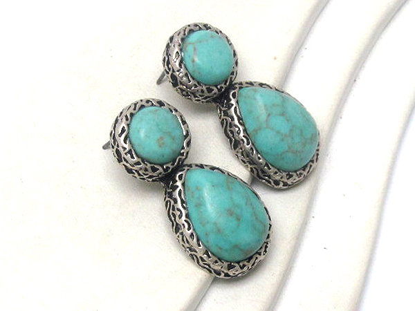 Turquoise round stone with textured metal drop tear drop stone earring 