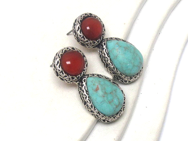 Turquoise round acrly stone with textured metal drop tear drop stone earring 