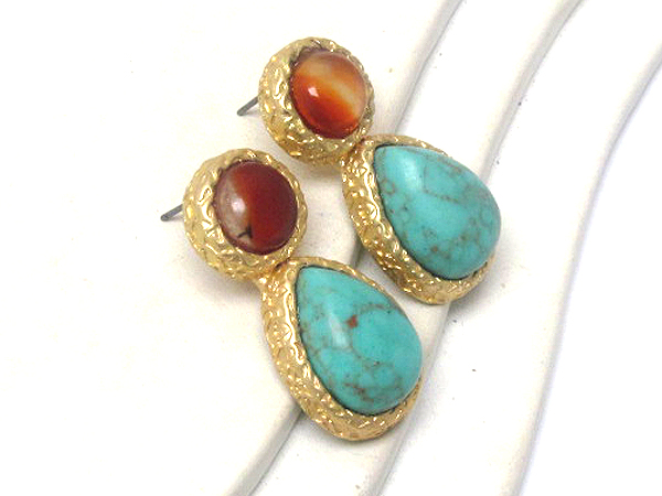 Turquoise round acrly stone with textured metal drop tear drop stone earring 