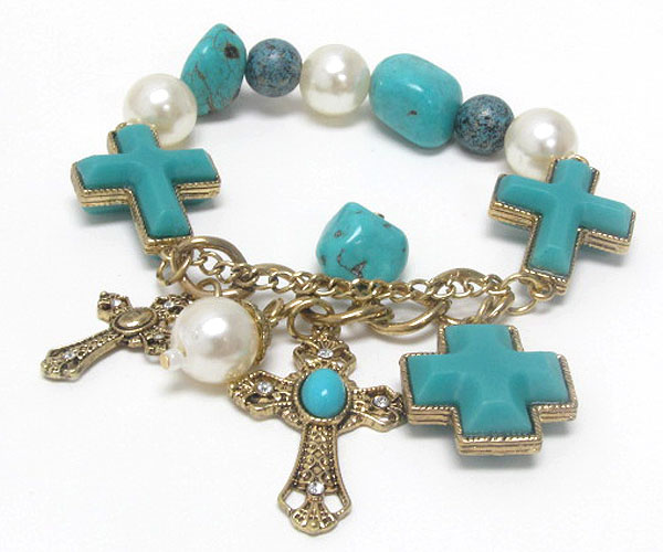 Cross charm dangle pearl and turquoise link bracelet