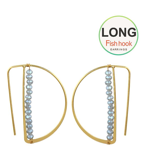 Glass bead geometric long fish hook moon earring