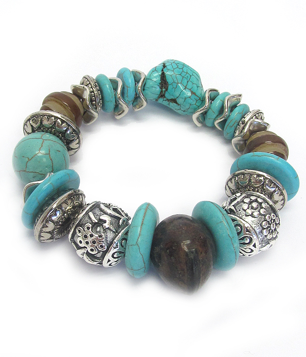 Textured metal ball and turquoise mix stretch bracelet