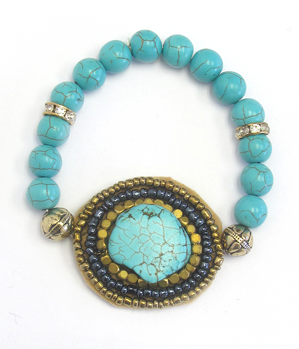 Turquoise and seed bead medallion stretch bracelet