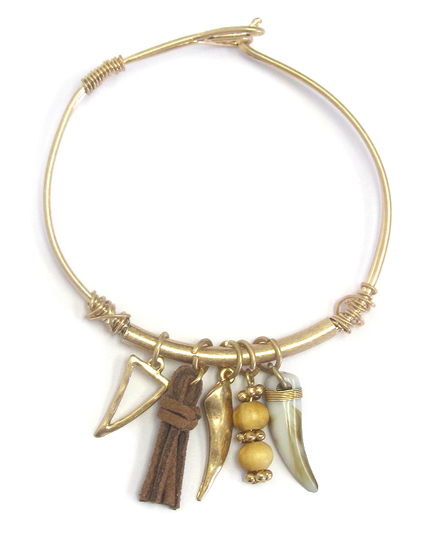 Horn and tassel dangle wire bangle bracelet