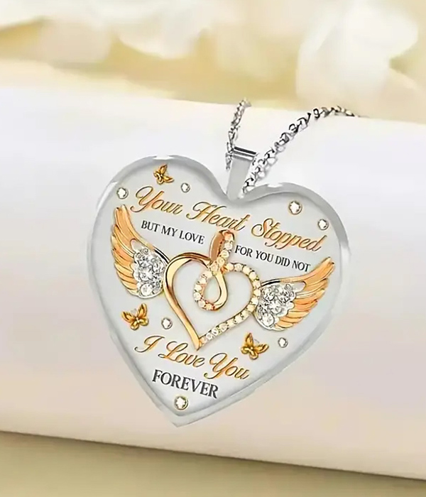 Religious inspiration heart pendant necklace - angel wing