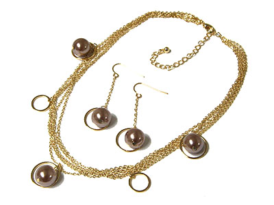 Multi line metal chain and ball drop necklace and earring set