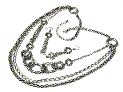 Multi line metal chain necklace and earring set