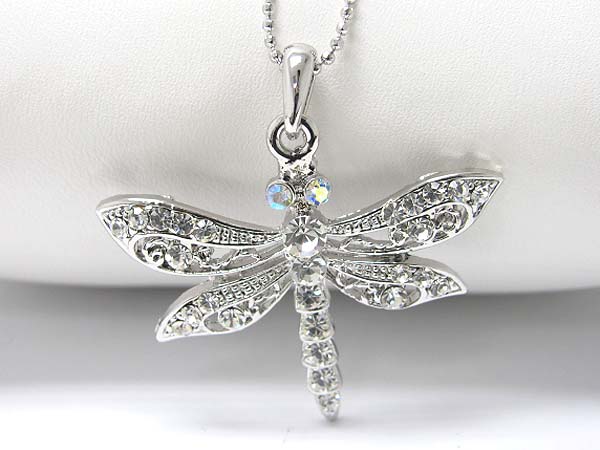 Made in korea whitegold plating crystal stud dragonfly pendant necklace