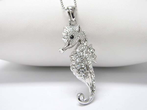 Made in korea whitegold plating crystal stud seahorse pendant necklace