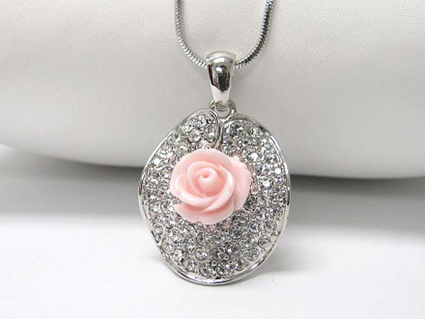 Made in korea whitegold plating flower and crystal stud pendant necklace